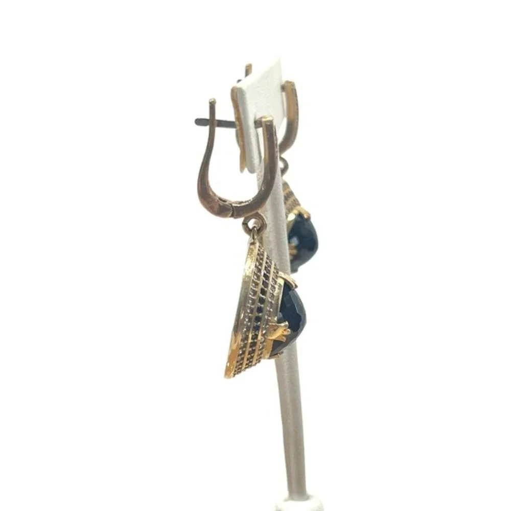 MISA 925‎ Vermeil Black Onyx & CZ Halo Drop Earrings, Pavé Huggie, Signed - Picture 5 of 6